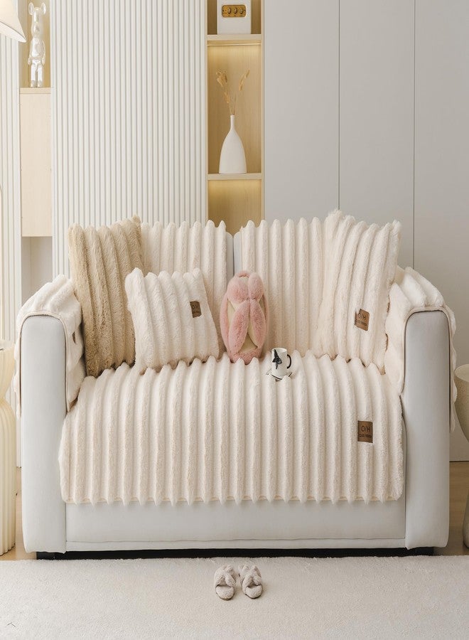 غطاء أريكة Huierxun Fuzzy Rabbit Plush، غطاء أريكة سميك وناعم من الفرو، غطاء وسادة فروي رقيق، أغطية أريكة مانعة للانزلاق، واقي أثاث مخطط عمودي للكلاب والقطط (كريمي، 28 بوصة × 28 بوصة). - Image 2